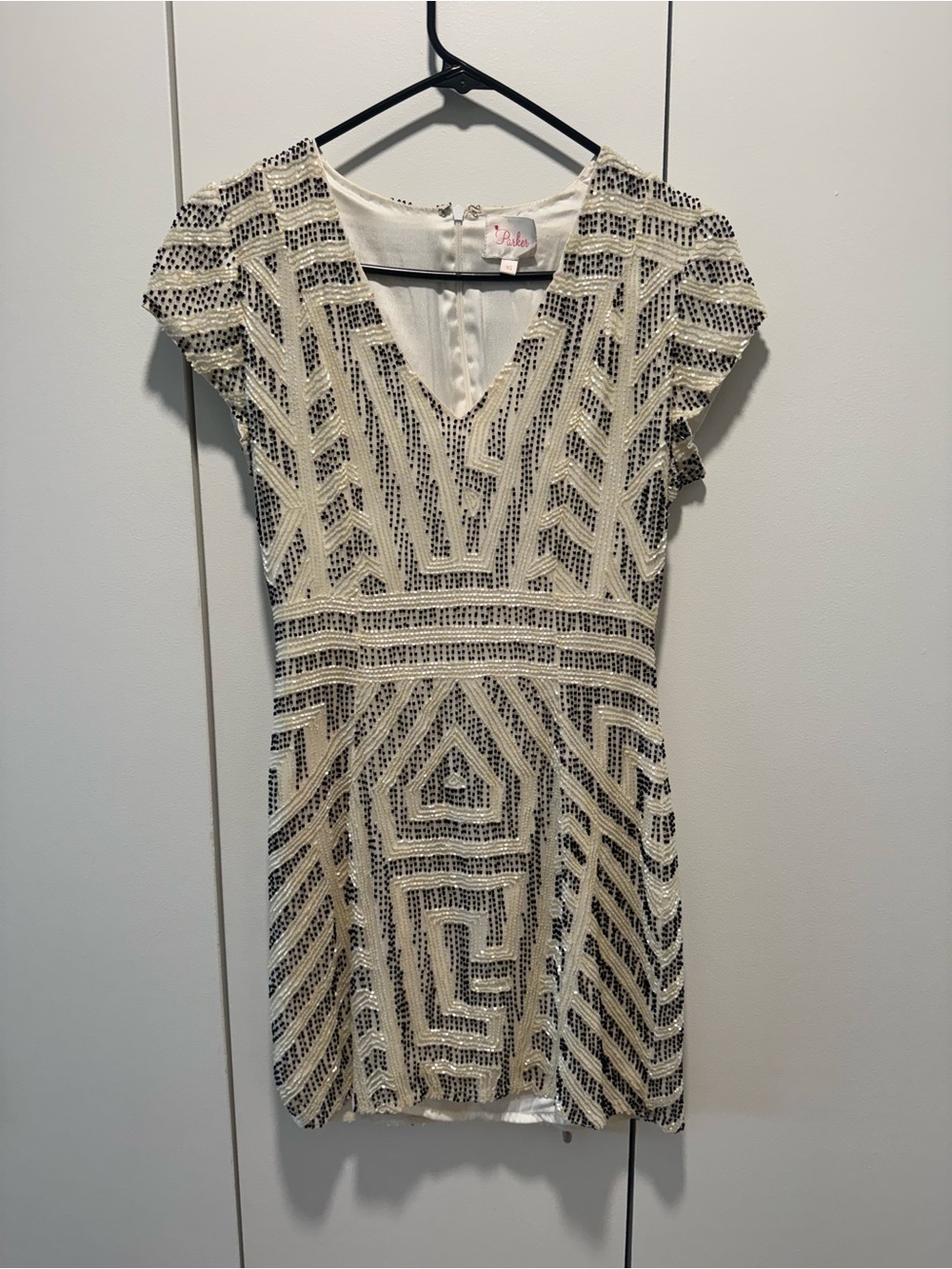 Parker XS 100% Silk Beaded Sequin Mini Dress Black Ivory Art Deco